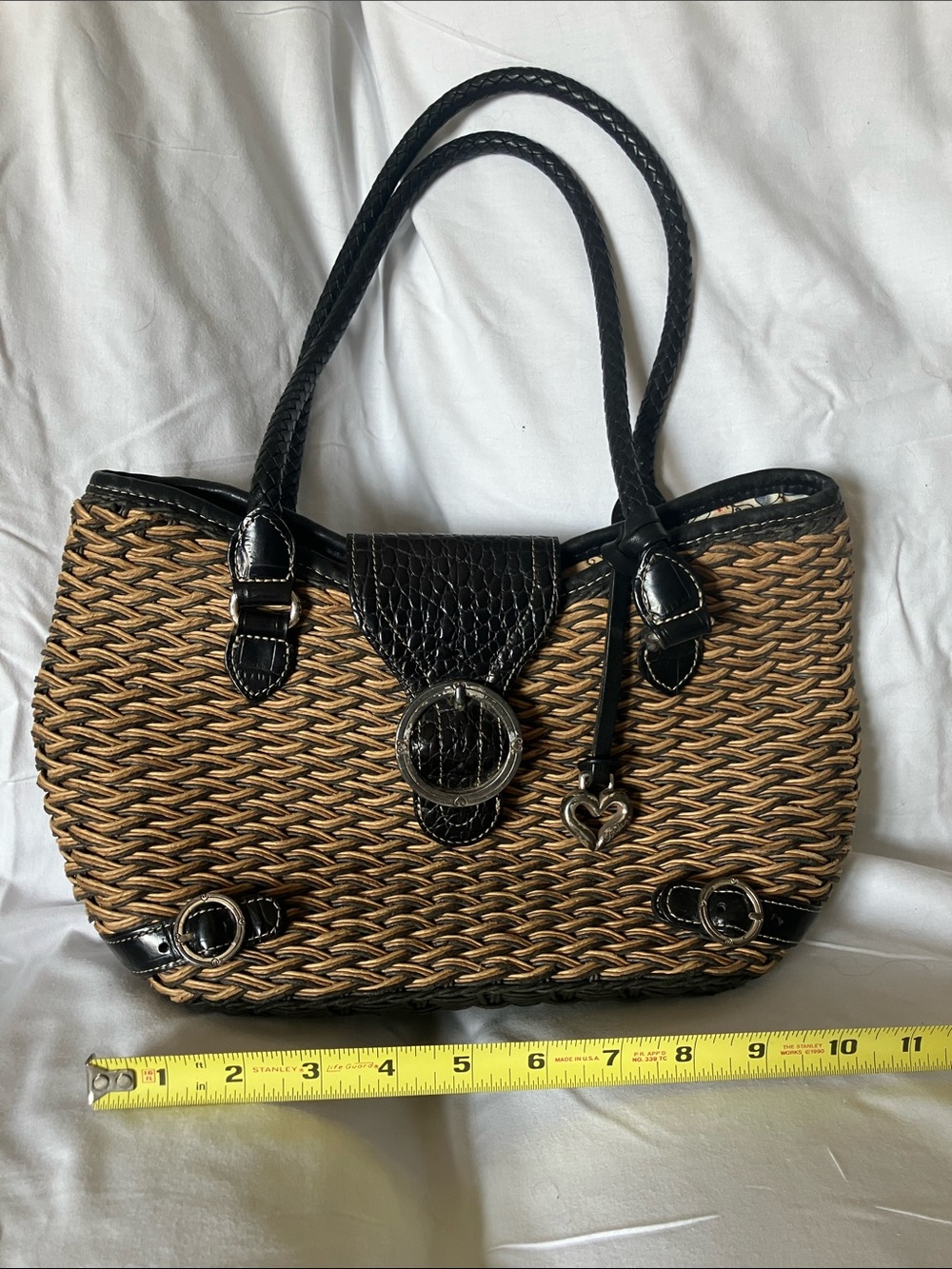 Brighton Woven Tan and Black Tote with Heart Charm